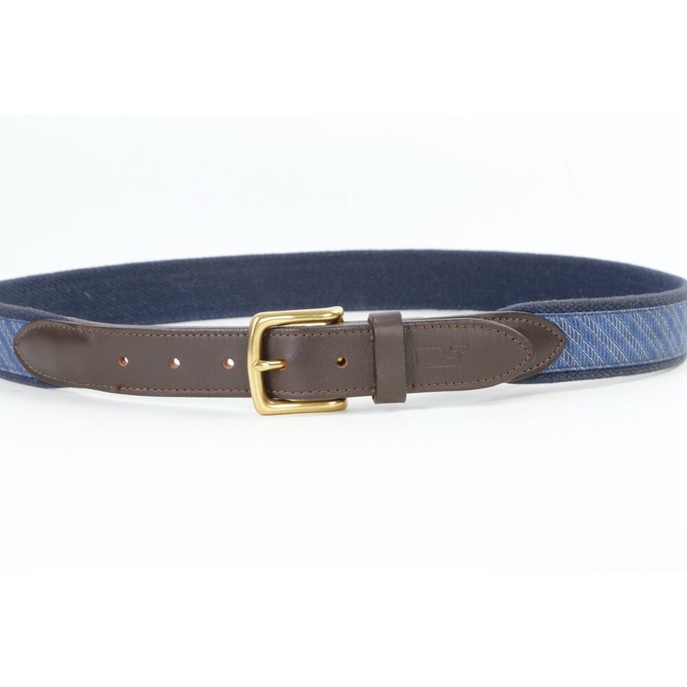 Vineyard Vines Blue Canvas Leather Whale Club Belt Brass Buckle Size 34